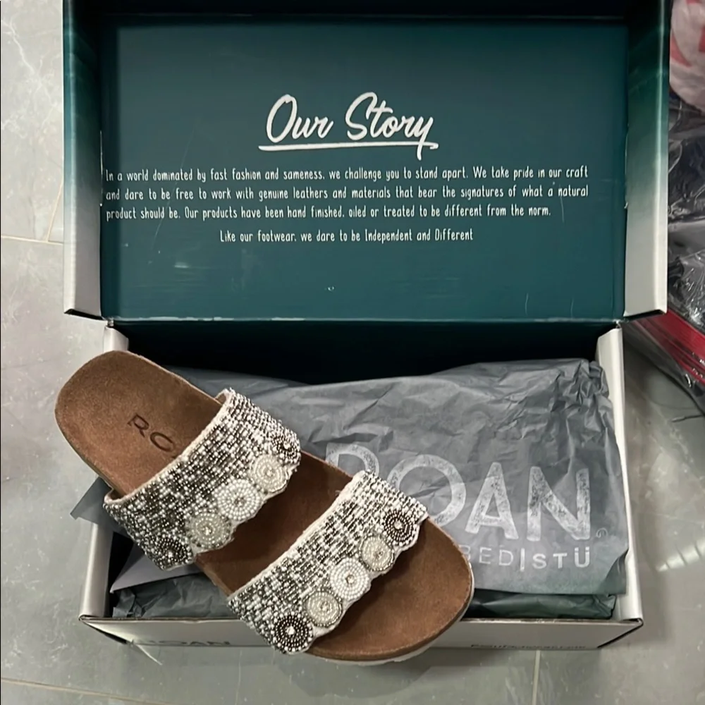 NWT ROAN by BED/STU Women's Beaded Sandals - Silver and Brown Size 6,5